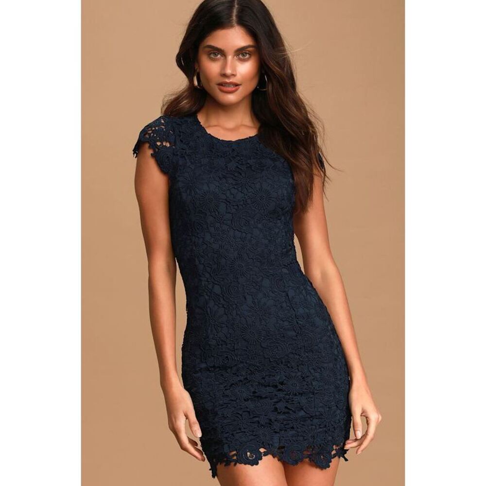 Lulus Romance Language Navy Blue Backless Lace Dress - Size XS. Tags on
